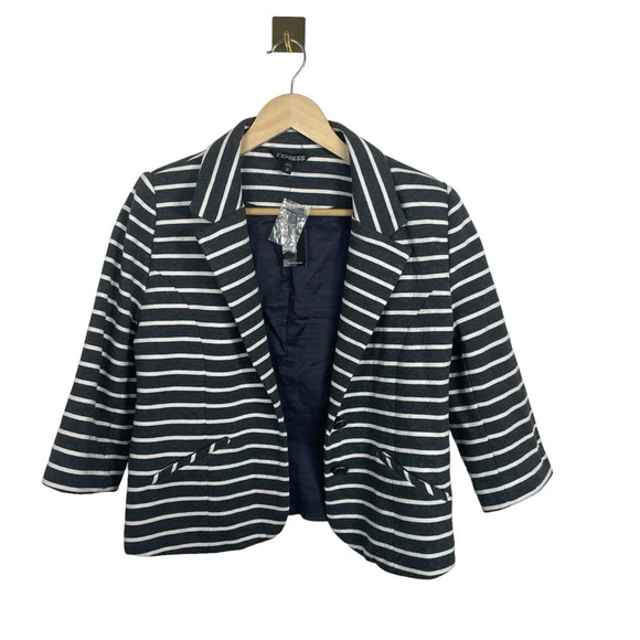 NWT Express Women’s Striped Stretch Cotton Blazer in Grey/White Size M - Picture 1 of 8